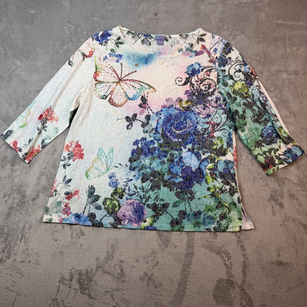 Laura Scott Top Women XL Floral Butterfly Rhinestone 3/4 Sleeve Boho CottageCore